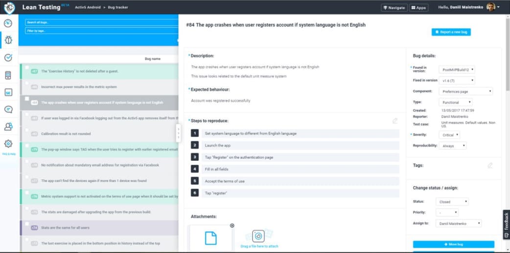 A single defect as reported: reproduction steps, environment, severity and attachments - the detail a developer can act on without a follow-up call.